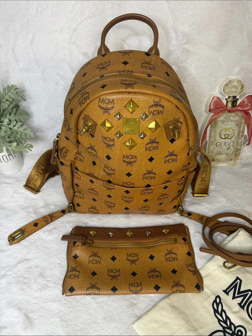 MCM Cognac Visetos Monogram Studded 2- Way Backpack Removable Pouch and Strap